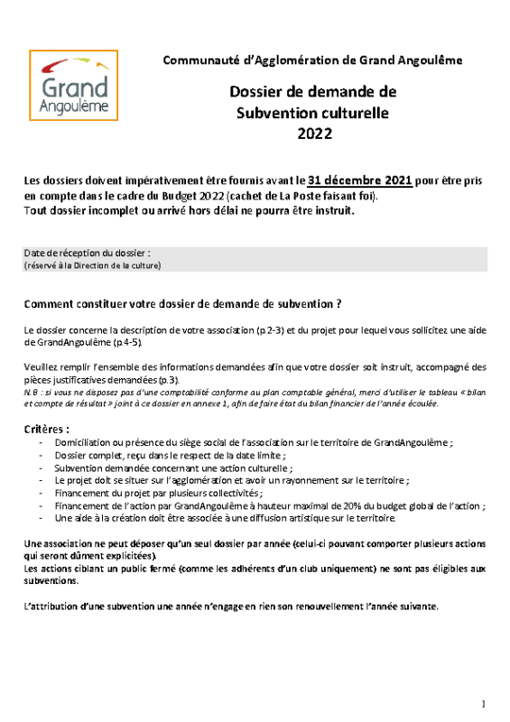 Dossier de demande de subvention 2022
