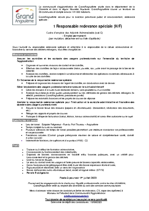 Offre n° 38 : 1 Responsable du service maintenance patrimoine (F/H)