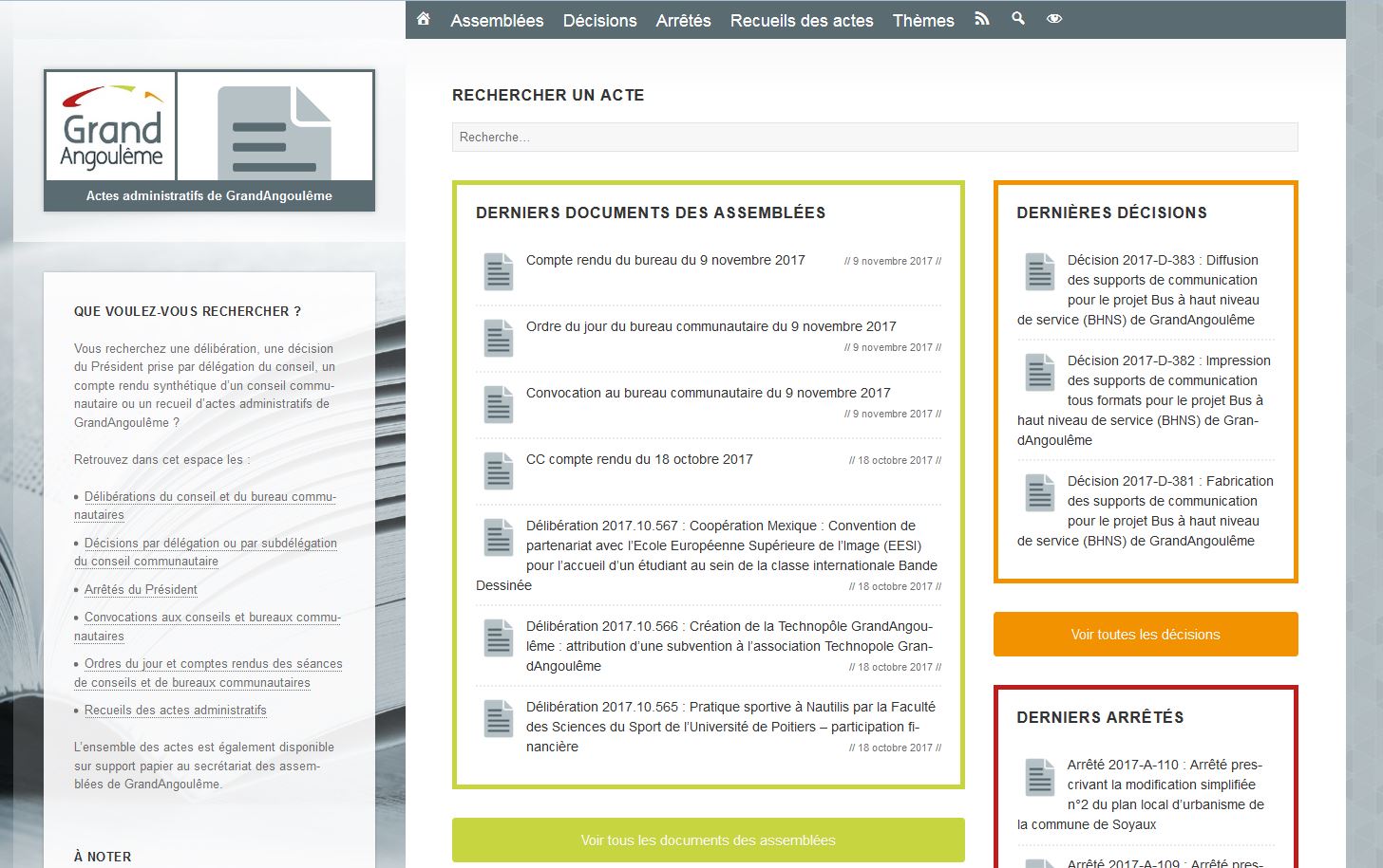 Capture du portail des délibérations de GrandAngoulême