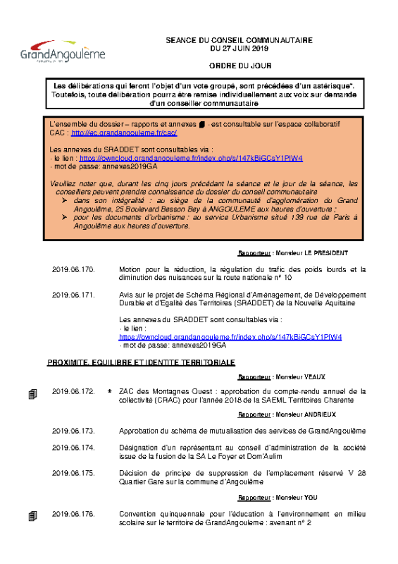 Ordre du jour du conseil du 27 juin 2019