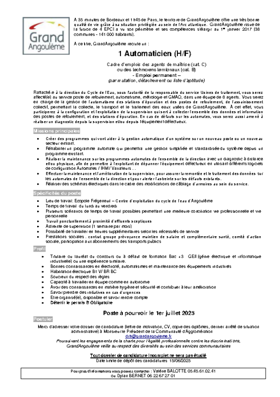 Appel à  candidature automaticien
