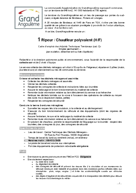 Appel à candidature ripeur chauffeur brigade de nuit FH