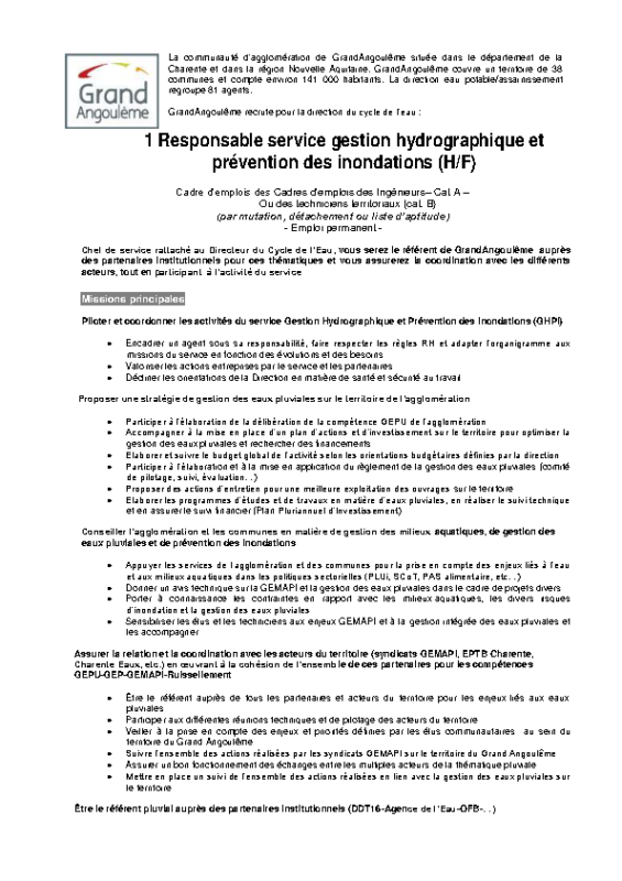 Appel à candidature responsable gestion hydrographique