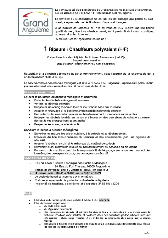 Appel à candidature ripeur collecte soir