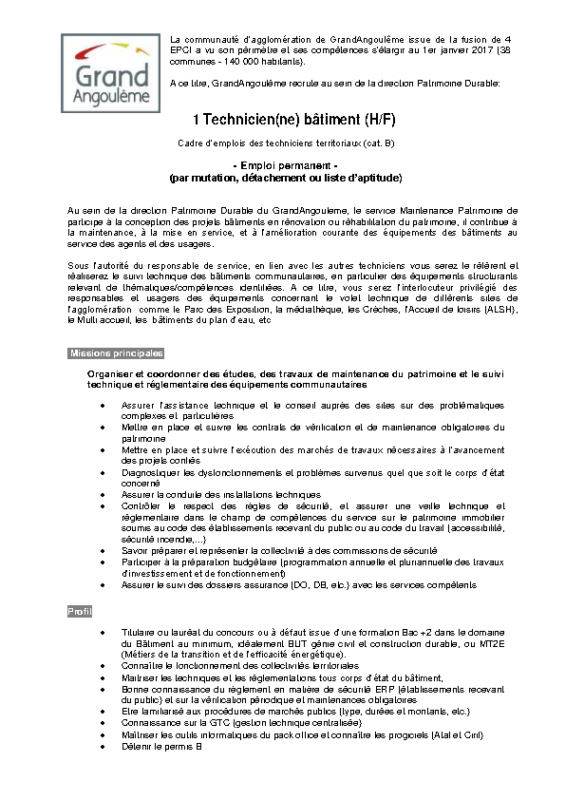 Appel à candidature – Technicien référent bâtiment