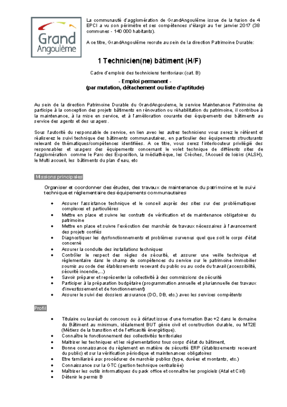 23- 1 Technicien(ne) bâtiment (H/F)