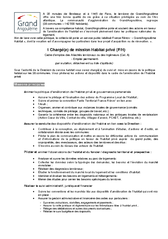 26- Appel à candidature 1 Chargé(e) de mission Habitat privé