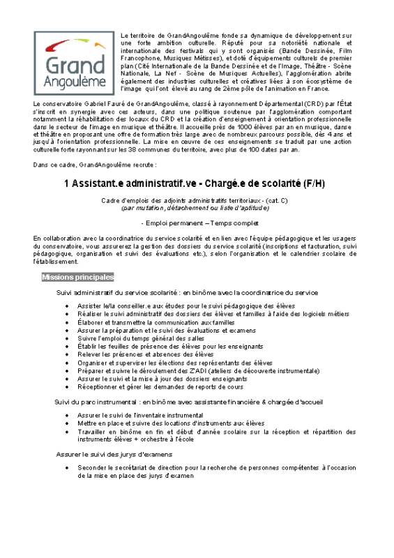 29- Appel Ã  candidature Assistant administratif Chargé de scolarité