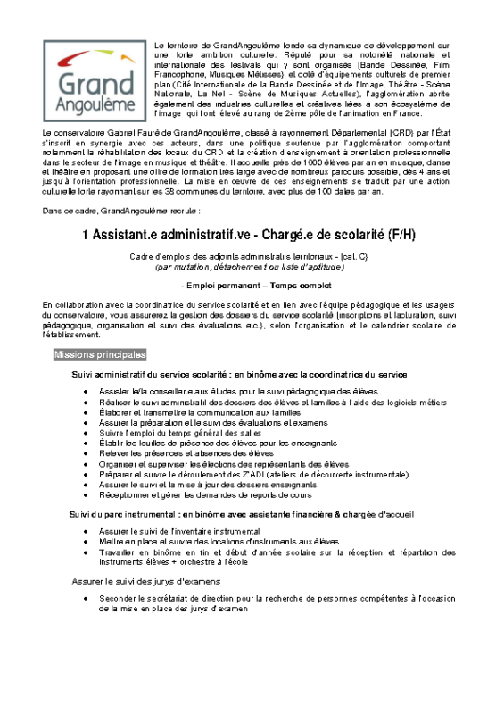 29- Appel Ã  candidature Assistant administratif Chargé de scolarité